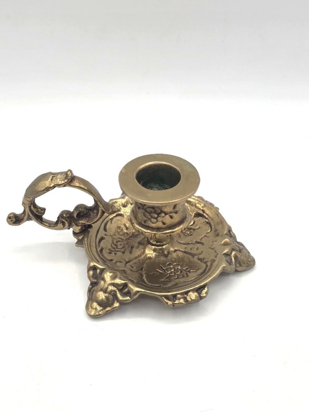 Antique Solid Brass Chamberstick Candle Holder Ornate Floral Scroll Handle VTG
